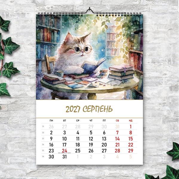 Календар настінний перекидний А3 &laquo;Коти і книги. Дванадцять причин залишитися вдома&raquo; 2027, 13 аркушів, вертикальний 270214 фото