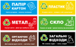Наклейки 6 штук горизонтальні на баки для сміття, маркування відходів, роздільний збір сміття, контейнер для сміття 40х15 с