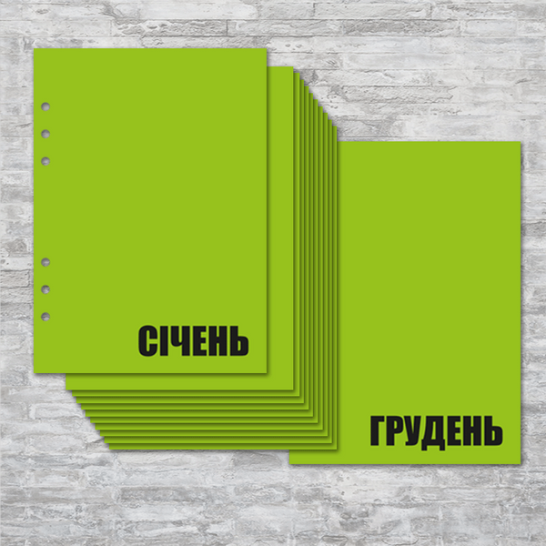 Набір аркушів-розділювачів А5 на 6 кілець, 12 місяців, салатовий, 160 г/м2 block_a5_12_months фото